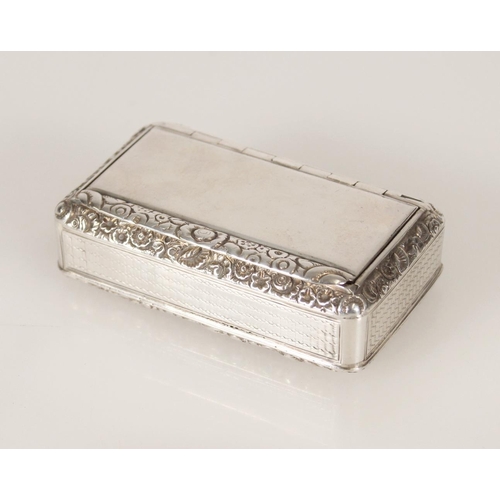 75 - Antique George IV silver snuff box of rectangular form having engine turned decoration and chased fl... 