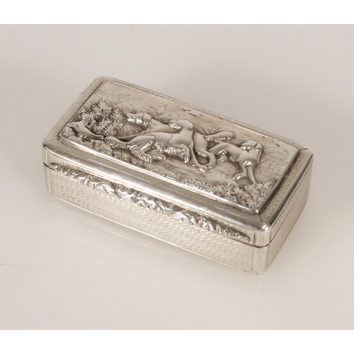 76 - Antique George IV silver snuff box of rectangular form, the top decorated with relief scene of three... 