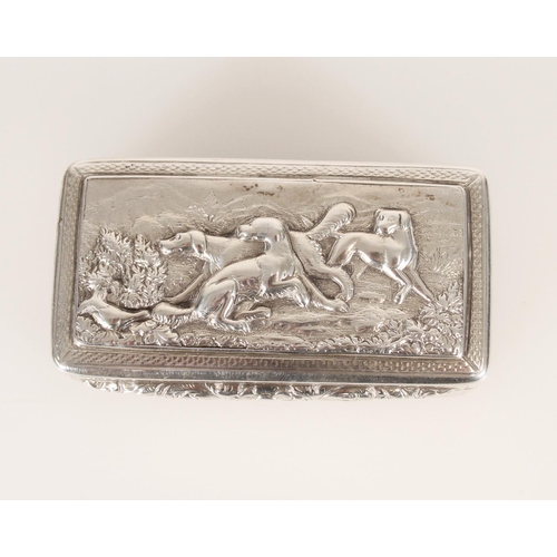 76 - Antique George IV silver snuff box of rectangular form, the top decorated with relief scene of three... 