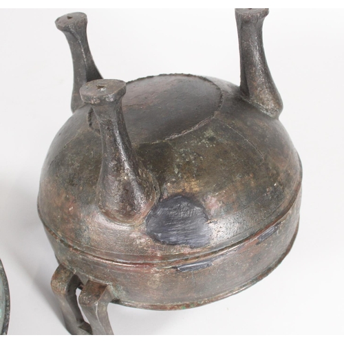 327 - Chinese Archaic style bronze food vessel, with square handles, the round body and domed lid raised o... 