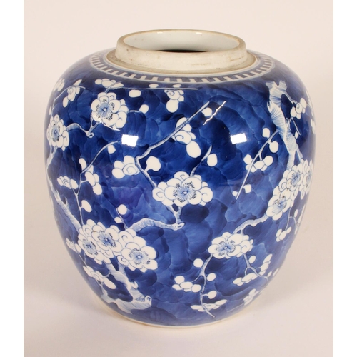 328 - Chinese porcelain blue and white ginger jar, late Qing, the ovoid body decorated with branching prun... 