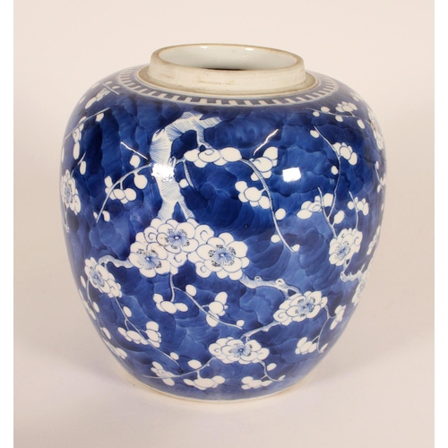 328 - Chinese porcelain blue and white ginger jar, late Qing, the ovoid body decorated with branching prun... 