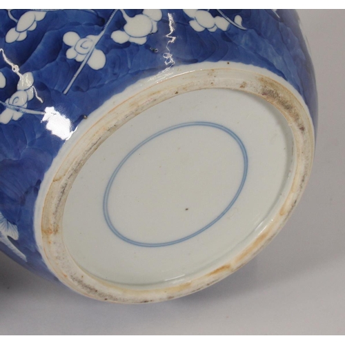 328 - Chinese porcelain blue and white ginger jar, late Qing, the ovoid body decorated with branching prun... 