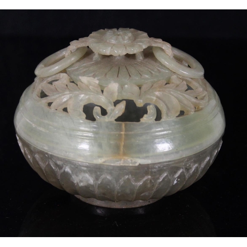 329 - Chinese celadon green jadeite incense jar and cover, late Qing, the floral finial with attached loop... 