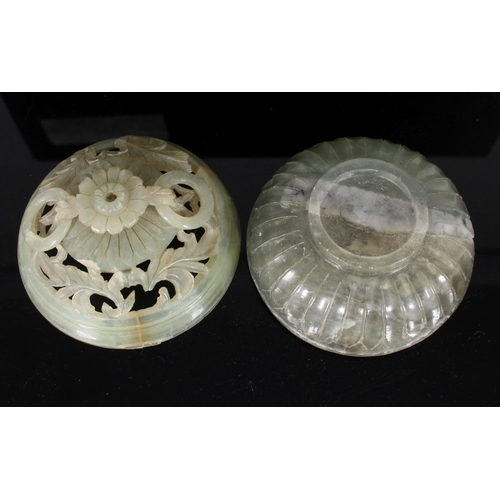 329 - Chinese celadon green jadeite incense jar and cover, late Qing, the floral finial with attached loop... 