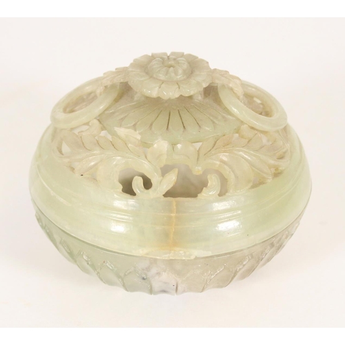 329 - Chinese celadon green jadeite incense jar and cover, late Qing, the floral finial with attached loop... 