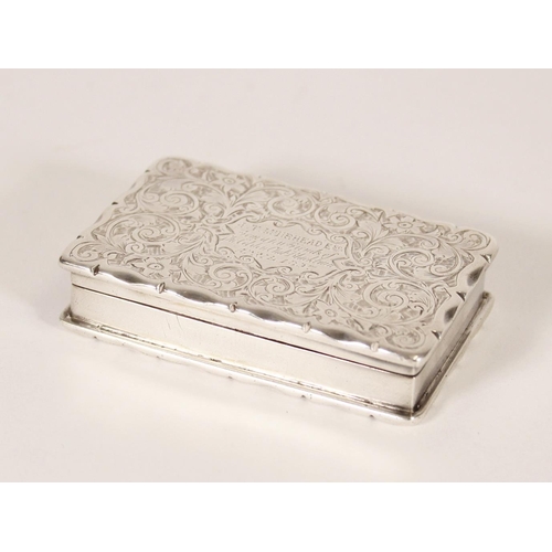 83 - Antique Victorian silver snuff box of rectangular shape having serpentine edge with all over incised... 