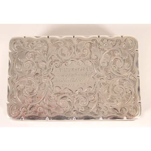 83 - Antique Victorian silver snuff box of rectangular shape having serpentine edge with all over incised... 