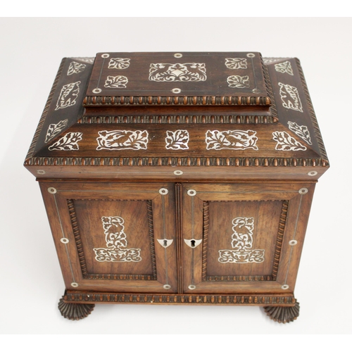 277 - Victorian rosewood and mother of pearl work cabinet, the moulded hinged cover with bird and foliate ... 