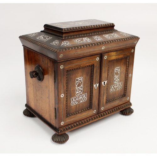 277 - Victorian rosewood and mother of pearl work cabinet, the moulded hinged cover with bird and foliate ... 