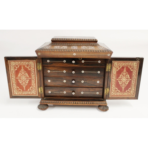 277 - Victorian rosewood and mother of pearl work cabinet, the moulded hinged cover with bird and foliate ... 