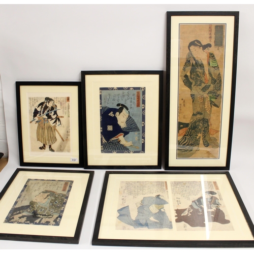 421 - Japanese wood block prints of Samurai and Geisha, framed and glazed (5)