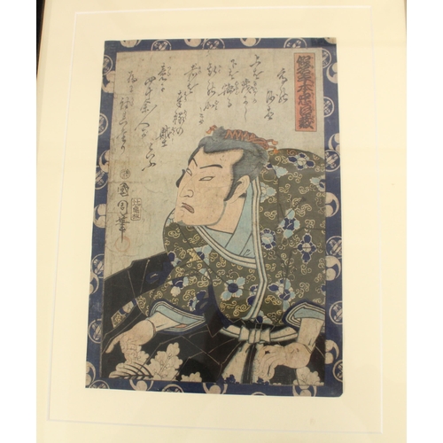 421 - Japanese wood block prints of Samurai and Geisha, framed and glazed (5)