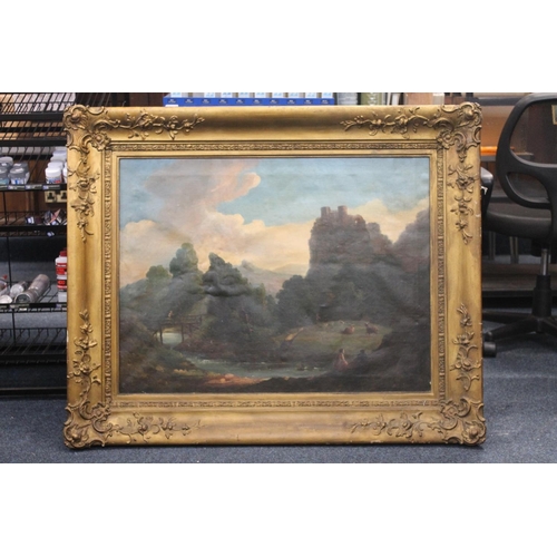 222 - 19TH CENTURY SCHOOL River landscape with hill top castle Oil painting on canvas, unsigned, 87cm x 66... 