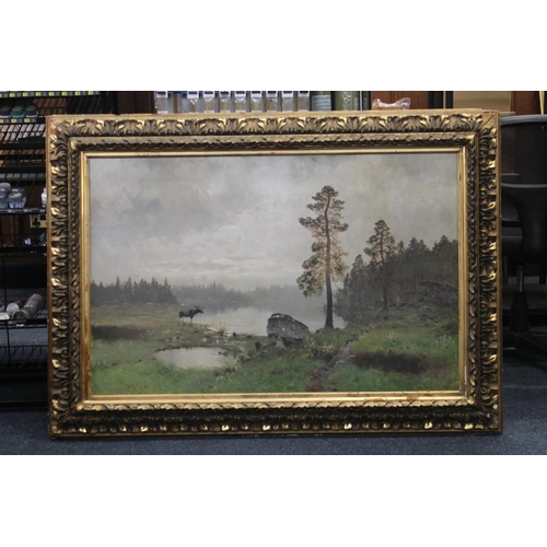 223 - 19TH CENTURY SCHOOL Canadian landscape with moose by a bend in the river Oil painting on board, sign... 