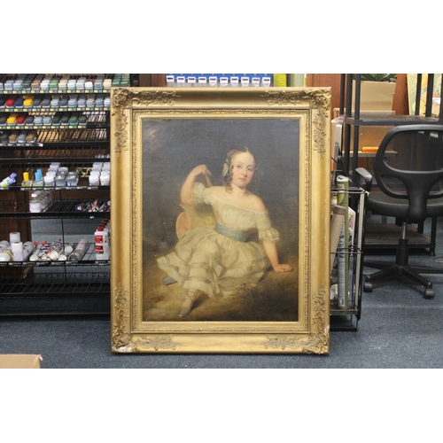 226 - 19TH CENTURY SCHOOL Full length portrait of a young girl in white dress Oil painting on canvas, unsi... 