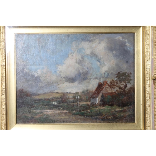 231 - J BROWN Cattle in a landscape Pair of oil paintings, one signed lower left, 23cm x 31cm, frame 45cm ... 