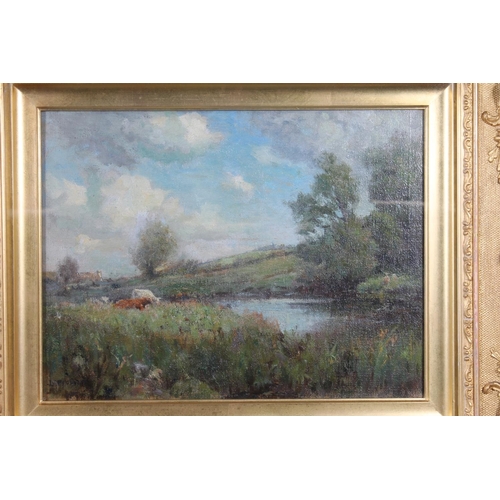 231 - J BROWN Cattle in a landscape Pair of oil paintings, one signed lower left, 23cm x 31cm, frame 45cm ... 