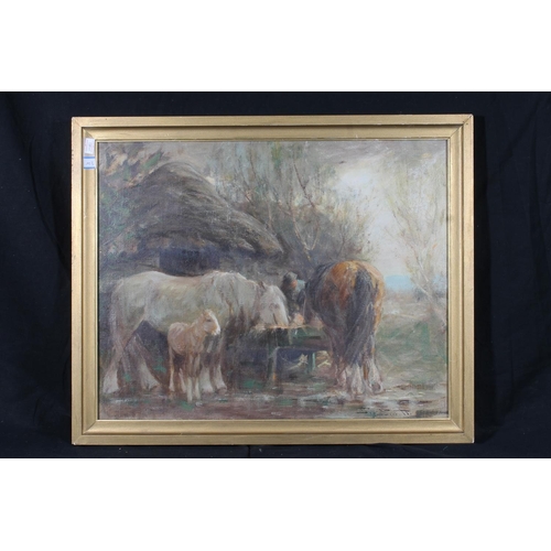 232 - JAMES SMITH Horses feeding Oil painting on canvas, signed lower right, 39cm x 49cm, frame 46cm x 56c... 