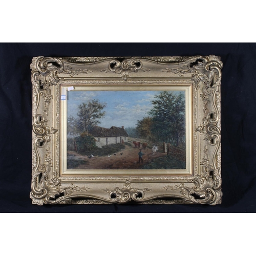 234 - 19TH CENTURY SCHOOL Farmer herding three cows Oil painting, unsigned, 29cm x 44cm, gilt frame 56cm x... 