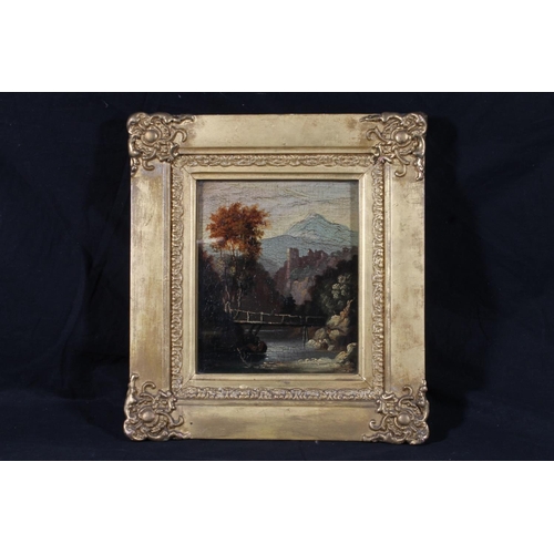 240 - 19TH CENTURY SCHOOL Castle by a river Oil painting, unsigned, 22cm x 18cm, gilt frame 36cm x 32cm.... 