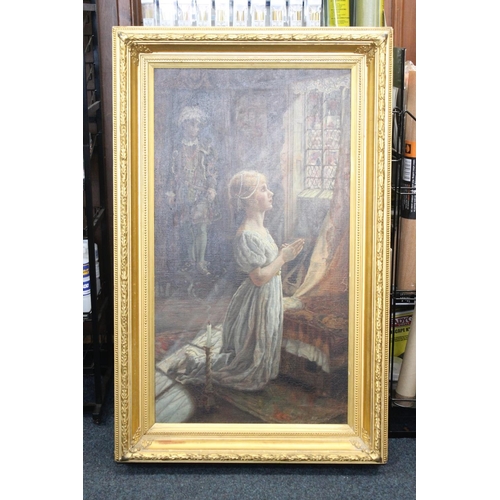 242 - A M KINDBERG Woman at prayer Oil painting on canvas, signed lower right, 90cm x 50cm, frame 111cm x ... 