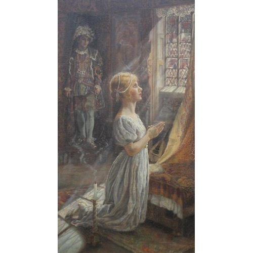 242 - A M KINDBERG Woman at prayer Oil painting on canvas, signed lower right, 90cm x 50cm, frame 111cm x ... 