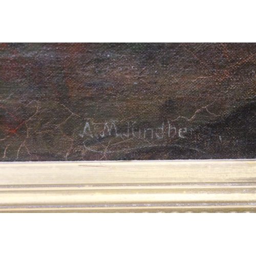 242 - A M KINDBERG Woman at prayer Oil painting on canvas, signed lower right, 90cm x 50cm, frame 111cm x ... 