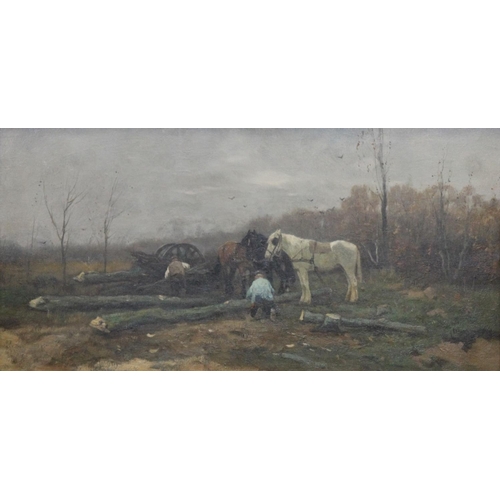 244 - JOHAN FREDERIK CORNELIS SCHERREWITZ (Dutch 1868-1951) Horses hauling timber Oil painting on canvas, ... 