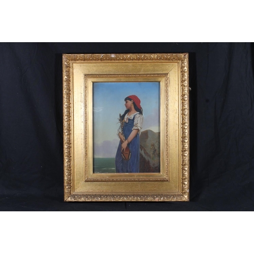 246 - 19TH CENTURY SCHOOL Three quarter length portrait of gypsy girl holding musical instrument Oil paint... 