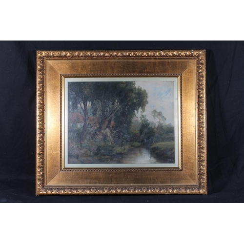 247 - 19TH CENTURY SCHOOL Figures by the edge of a river Oil painting on canvas, possibly signed indistinc... 