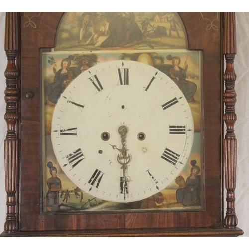 425 - Victorian mahogany and inlaid longcase clock, the face depicting Scottish Seasons hand painted, flan... 