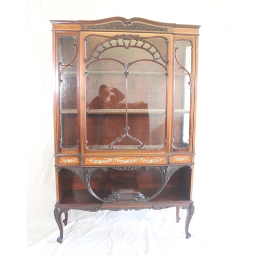 433 - Victorian mahogany and inlaid glazed display cabinet, the interior fitted with three shelves above c... 