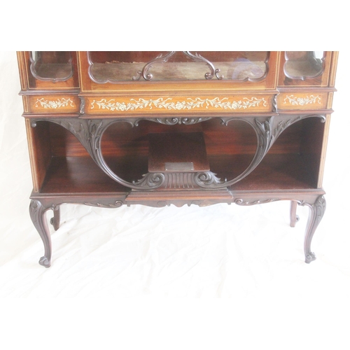 433 - Victorian mahogany and inlaid glazed display cabinet, the interior fitted with three shelves above c... 