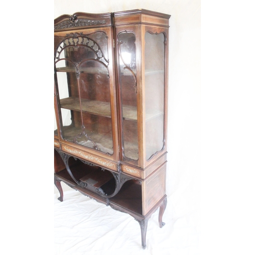 433 - Victorian mahogany and inlaid glazed display cabinet, the interior fitted with three shelves above c... 