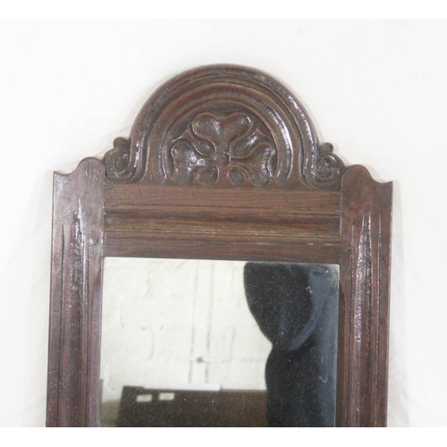 434 - 18th Century oak framed rectangular wall mirror with carved arch top, 137cm tall x 42cm wide.