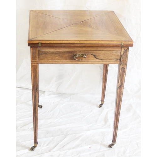 436 - Edwardian mahogany and inlaid envelope card table with single frieze drawer and square tapering legs... 