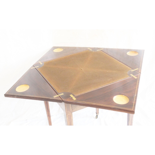 436 - Edwardian mahogany and inlaid envelope card table with single frieze drawer and square tapering legs... 