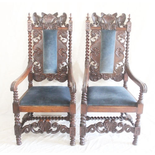 437 - Pair of antique oak open armchairs, the carved back with eagle surmounts above barley twist columns ... 