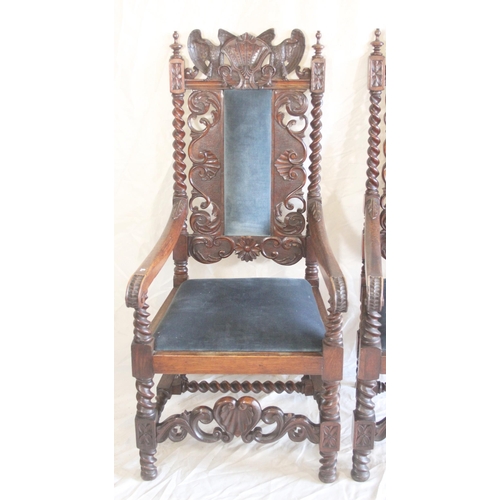 437 - Pair of antique oak open armchairs, the carved back with eagle surmounts above barley twist columns ... 