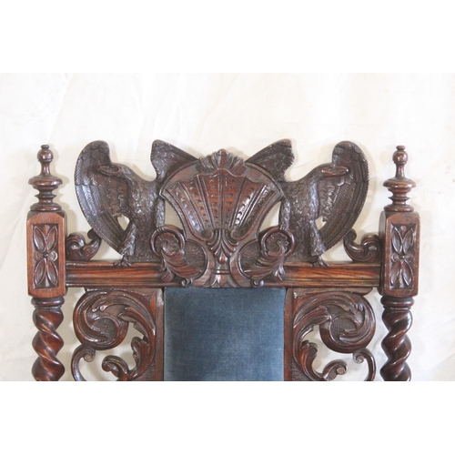 437 - Pair of antique oak open armchairs, the carved back with eagle surmounts above barley twist columns ... 