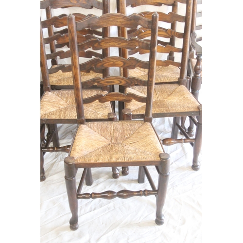 438 - Set of five oak ladder back dining chairs raised on turned supports and rushed seat with a pair of m... 