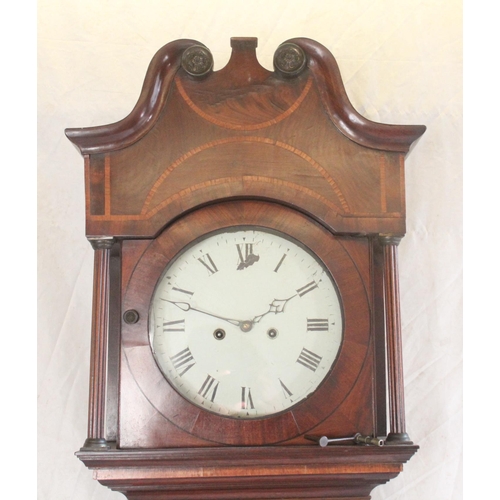 440 - Victorian flame cut mahogany and inlaid longcase clock, the white dial with roman numeral chapter ri... 