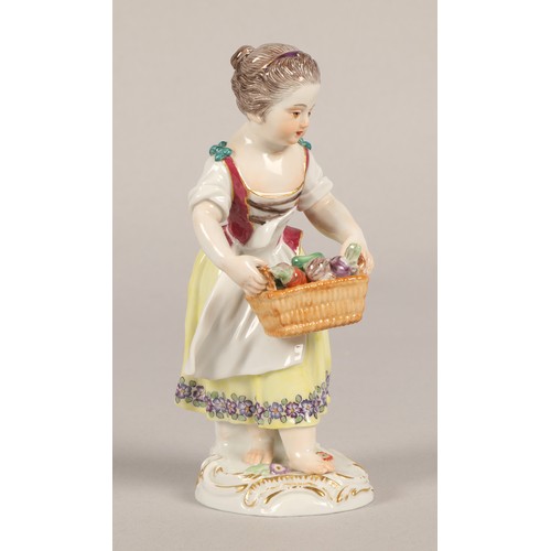 4 - Meissen figurine, girl with basket of veg, 13cm h, crossed swords and impressed marks to base