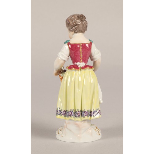 4 - Meissen figurine, girl with basket of veg, 13cm h, crossed swords and impressed marks to base