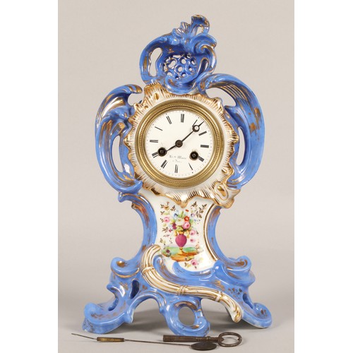 10 - Henry Marr French porcelain mantel clock, hand painted detail, 34cm h