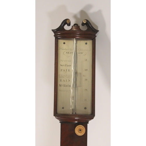 281 - H. Gardner and Co. of Glasgow mahogany stick barometer, early 19th century, the swan neck pediment o... 