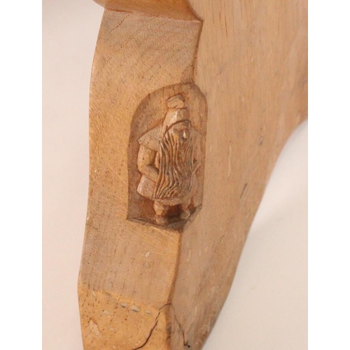 448 - Thomas 'Gnomeman' Whittaker, a Yorkshire Oak stool, raised on trestle base with carved Gnome signatu... 