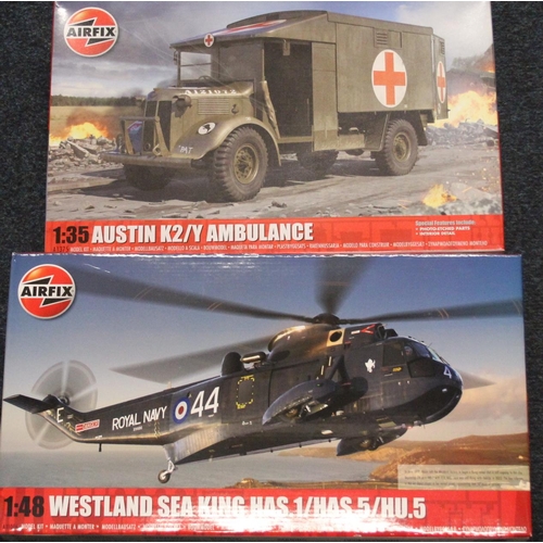 1204 - Airfix model kits to include A11006 1:48 scale Westland Sea King helicopter, A1375 1:35 scale Austin... 