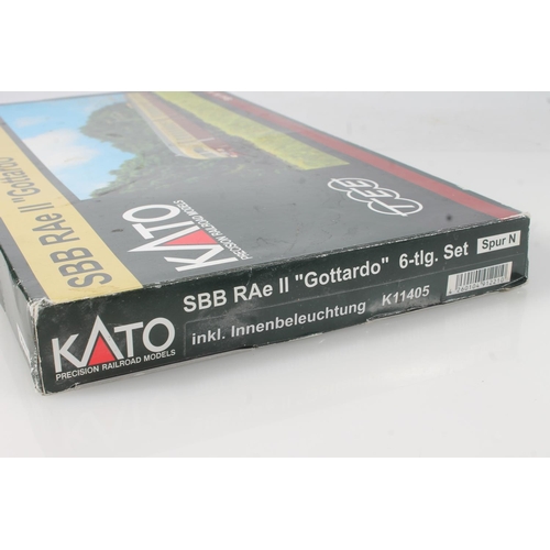 1336 - N gauge model railways, Kato of Japan, SBB RAe II 'Gottardo' six piece train pack, boxed.